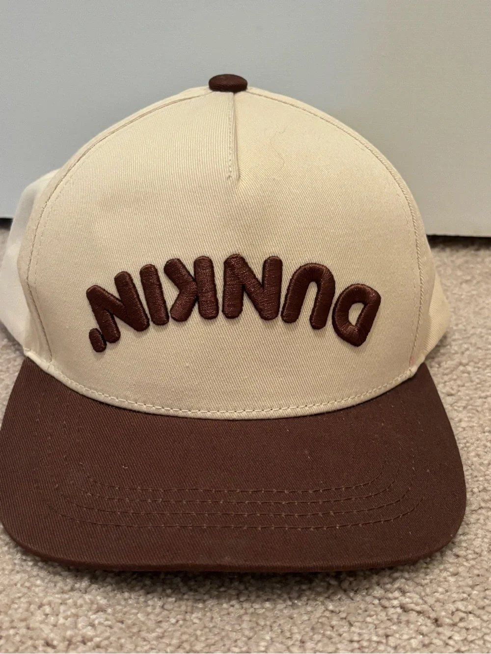 DUNKIN' Donuts Adult SnapBack Hat Tan Logo Embroidered Upside Down Baseball Cap
